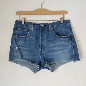 Levis 501 Blue Denim Shorts Size 31 High Rise Distressed Frayed Hem Button Fly - Picture 1 of 8
