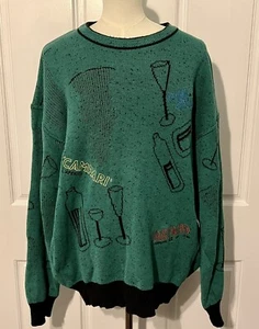 Vintage Carlo Colucci Green Cocktail Beverage Theme Novelty Print Sweater Size L - Picture 1 of 6