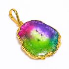 Rainbow Solar Quartz Ethnic Handmade 925 Sterling Gold Pendant 1.7" ig_1401