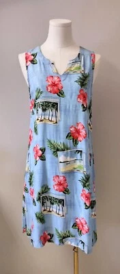 Vestido Peppermint Bay Hawaiano Tarjeta Postal Floral Rayón Sin Mangas Azul Coral XS/S Foto 1 de 4