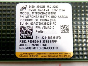 Micron2450 M.2 2280 PCle Gen4x4 NVMe Solid State Drive 256GB MTFDKBA256TFK - Picture 1 of 3