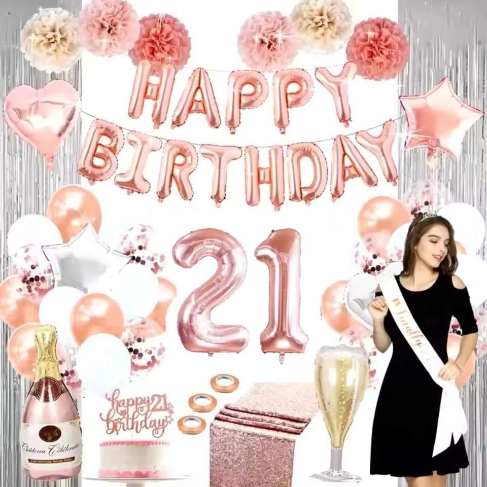 Globos decoración fiesta cumpleaños 21 pancarta todo en uno para niñas oro rosa Reino Unido Foto 1 de 1