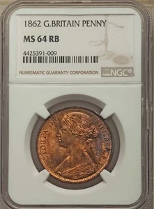 GREAT BRITAIN VICTORIA 1862 PENNY COIN, UNCIRCULATED, CERTIFIED NGC MS64-RB - Picture 1 of 2
