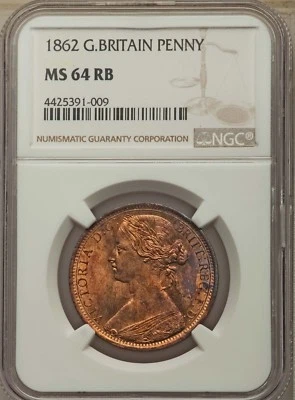 GREAT BRITAIN VICTORIA 1862  PENNY COIN, UNCIRCULATED, CERTIFIED NGC MS64-RB - Image 1 of 2