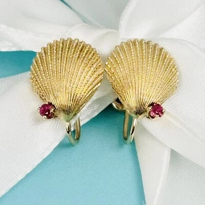 Tiffany & Co 18K Yellow Gold Clam Oyster Shell Earrings with Red Ruby Rubies - Picture 1 of 8