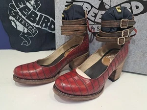 Freebird Randi Red Croc Embossed Shoes Heels Womens Size 7 Ankle Straps New - Picture 1 of 17