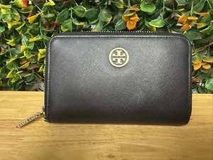 TORY BURCH Leather Robinson Continental Zip Around Wallet in Luggage Black - Picture 1 of 10