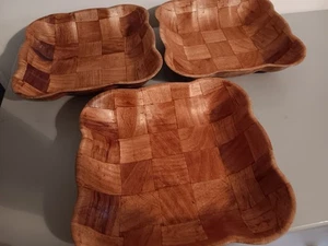Vintage Set Of 3 Wooden Parquet Serving/Salad Bowl Scallop Edge Weave Woven 11” - Picture 1 of 7