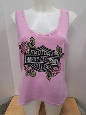 Regata feminina Harley-Davidson Rose & Thorn Bling acabamento em renda orquídea NOVA com TAGS - Imagem 1 de 4