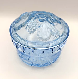 KIG Indonesia VTG Candy Confections Bowl w/ Lid Ice Blue Glass Embossed Flowers - Picture 1 of 6