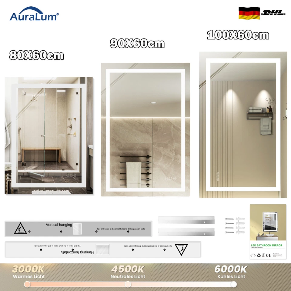 Badspiegel mit Beleuchtung LED Wandspiegel mit Touch Beschlagfrei Lichtspiegel - Bild 1 von 1