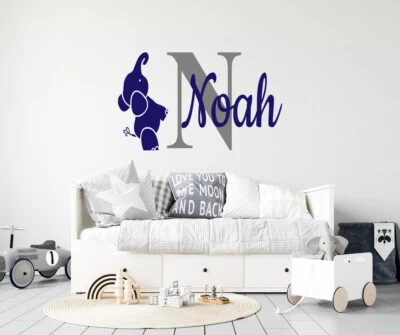 Calcomanía de pared personalizada con nombre e inicial de elefante - Pegatina personalizada para decoración de guardería Foto 1 de 4