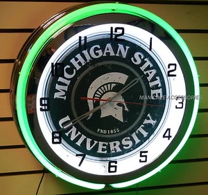 19" MICHIGAN STATE University Spartans Sign Green Double Neon Clock Sparty - Bild 1 von 2