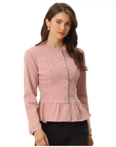 NEW Allegra K Peplum Collarless Round Neck Button Down Denim Jackets Women's M - Picture 1 of 7