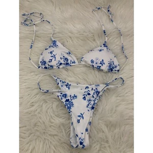 Zaful Womens Blue & White Floral Bikini Set Ribbed Adjustable Straps US 4 NWOT - Picture 1 of 6