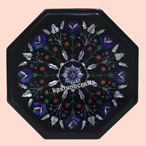 Luxury Black Marble Inlaid Lapis Lazuli Side Table Top | Handmade Pietra Dura | - Picture 1 of 8