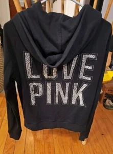 PINK Girls Black Hooded BLING Sweat Jacket Zip Jacket Size M (10-12) - Picture 1 of 7
