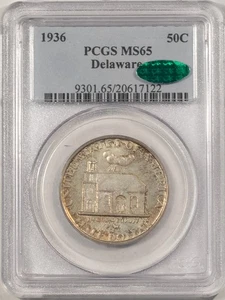 1936 DELAWARE COMMEMORATIVE HALF DOLLAR - PCGS MS-65, ORIG PQ GEM, CAC APPROVED! - Picture 1 of 3