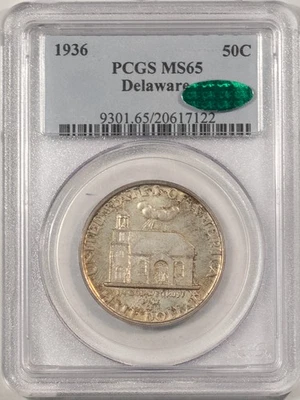 1936 DELAWARE COMMEMORATIVE HALF DOLLAR - PCGS MS-65, ORIG PQ GEM, CAC APPROVED! - Image 1 of 3