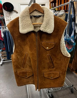 Vintage Polo Ralph Lauren Sheepskin Vest Mens Large Shearling Suede 1990s Bomber - Image 1 of 4