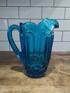L.E. Smith Moon And Stars Blue Glass Pitcher Vintage Heavy EUC No Damage - Picture 1 of 5