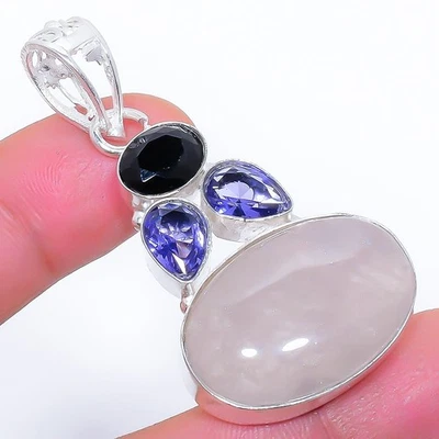 Colgante De Joyería De Plata De Ley 925 Hecho A Mano De Cuarzo Rosa Y Ónix 2.1" - Imagen 1 de 4