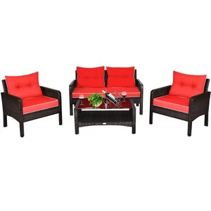 Patiojoy 4PCS Patio Rattan Furniture Set Wicker Loveseat Sofa Table w/ Cushion - Picture 1 of 6