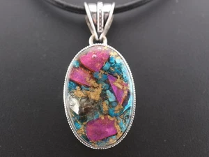 GJ69 AUSTER TÜRKIS FARMBIX OVAL VINTAGE  925 SILBER-ANHÄNGER +KETTE / LEDER! - Bild 1 von 3