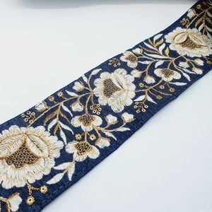 1m 7.5cm navy deep gold Indian flower saree border trim ribbon braid - Picture 1 of 2