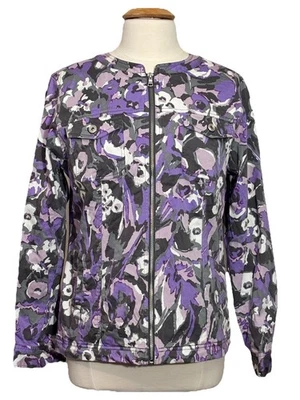 Jaqueta Feminina Denim Company D & Co Roxa Floral Camuflagem Tamanho Médio Zíper Completo - Imagem 1 de 4