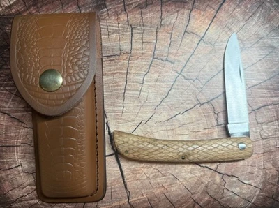 Navaja de bolsillo con mango de madera tallada hoja de 8 en 3,5 pulgadas con estuche de cuero Foto 1 de 2