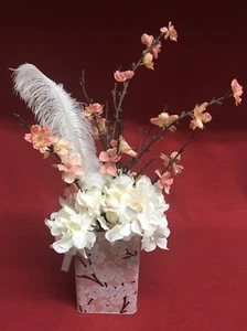 Decorative Floral Display White Pink Flowers Feather in Pink Floral Tin Box Lid - Picture 1 of 5