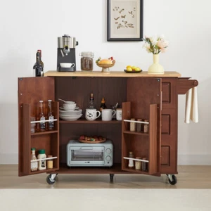 Rolling Kitchen Island with Drop Leaf, Barn Door, Storage Cabinet & Tower Rack - Picture 1 of 24