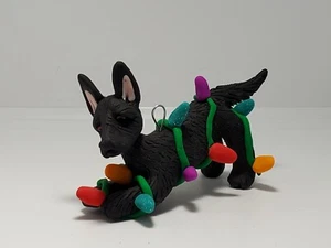German Shepherd black Christmas Ornament TANGLED IN LIGHTS HAND MADE Polymerclay - Picture 1 of 6