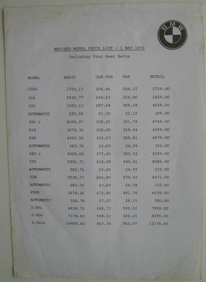Original Price List BMW 1976 1502 316 320 320i 518 520 520i 525 528 2500 3.0 - Image 1 of 1