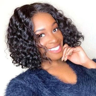 Short Curly Bob Wigs Human Hair Wigs 4X4 Lace Front Wigs Pre Plucked Baby Hair  - Image 1 of 4