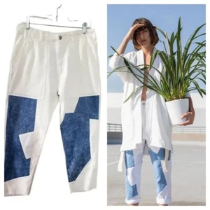 Free People x Sandrine Rose Jeans Pants Denim White Patchwork Crop Ankle Sz 28 - Picture 1 of 8