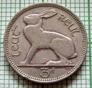 IRELAND 1963 3 PINGIN PENCE THREEPENCE, HARE & Gaelic Harp, km# 12a - Picture 1 of 6