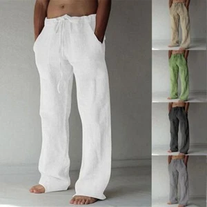 Pantalones informales de algodón y lino para hombre Pantalones con cordón Cómodos Sueltos Pantalones de pierna ancha - Imagen 1 de 26