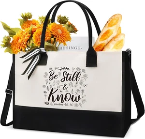 Christian Canvas Tote Bag Bible Verse Gifts Bags Be Still and Know Bible Floral  - Picture 1 of 12