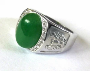 Green Jade &  White Zircon Ring / size 10 / 925 Sterling Silver / 7.5ct  10.5g - Picture 1 of 5