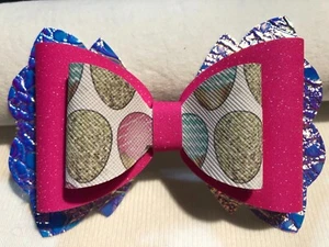 EASTER 3 LAYERED HAIR BOWS, MULTICOLOR WITH EASTER EGGS, 4" X 3", HOMEMADE - Picture 1 of 3