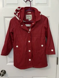 Hatley Kids Girls Red Tan Button Rain Jacket Sz 7 Coat Hood Terrycloth Lining - Picture 1 of 8