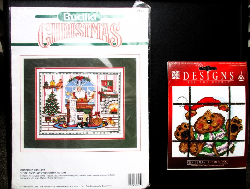 Lot of 2 Christmas Cross Stitch Kits CHECKING HIS LIST & TEDDY BEAR IN WINDOW - Image 1 of 4