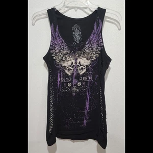 Rebel Saints Tank Sz Large Cutout Rhinestones Skulls Rock Metal Fest 32" Bust - Picture 1 of 18