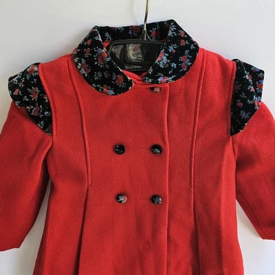 Vintage F.W. Abrigo Fischer Niñas 3T Rojo Lana Floral Terciopelo Ribete Hecho en EE. UU. Años 80 Foto 1 de 4