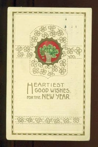 Korb mit vierblättrigen Kleeblättern 1913 NEUJAHR Vintage Postkarte - Bild 1 von 1