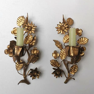 VINTAGE ITALIAN GILT TOLE PAIR CANDLE WALL SCONCES GILDED LEAVES AND FLOWERS - Picture 1 of 4