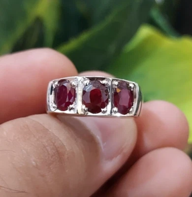 Natural Red Ruby Stones Set Ring Three Rubies Band Sterling Silver 925 Handmade - Image 1 of 4