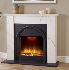 WHITE MARBLE EFFECT FIREPLACE BLACK ARCHED ELECTRIC FIRE REMOTE CONTROL LOGS - Picture 1 of 7
